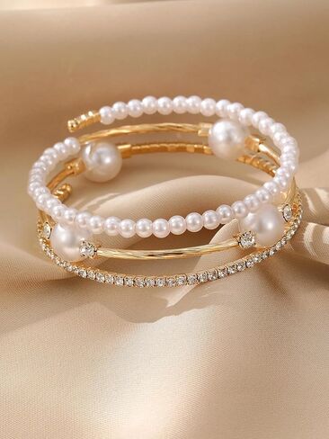 1PC Gold Layered Bangle Bracelet Set for Women, Elegant and Creative Faux Pearl Rhinestone Encrusted Bangle Bracelet for Women - Fashion Party Accessory in Saudi Arabia