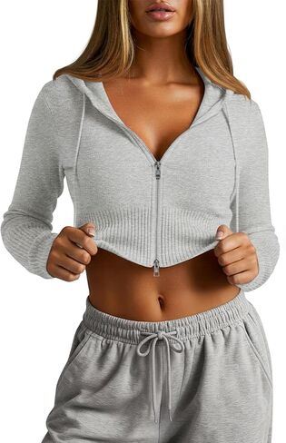 Women's Cropped Zip up Hoodies Long Sleeve Fitted Sweater Pullover Ribbed Knit Casual Trendy Fall Y2k Cardigans in Saudi Arabia