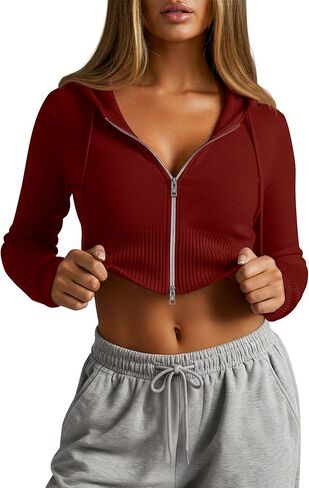 Women's Cropped Zip up Hoodies Long Sleeve Fitted Sweater Pullover Ribbed Knit Casual Trendy Fall Y2k Cardigans in Saudi Arabia