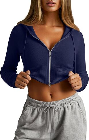 Women's Cropped Zip up Hoodies Long Sleeve Fitted Sweater Pullover Ribbed Knit Casual Trendy Fall Y2k Cardigans in Saudi Arabia