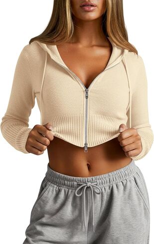 Women's Cropped Zip up Hoodies Long Sleeve Fitted Sweater Pullover Ribbed Knit Casual Trendy Fall Y2k Cardigans in Saudi Arabia