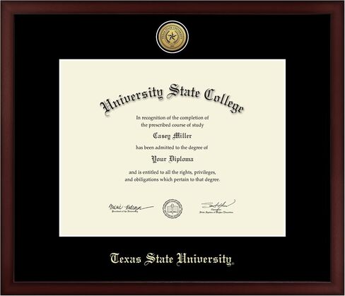 Texas State University 14" w x 11" h Diploma Frame - Fits a bachelor's, master's and phd - Gold Embossed Diploma Frame - Cherry Moulding with Black Matting - Officially Licensed in Saudi Arabia