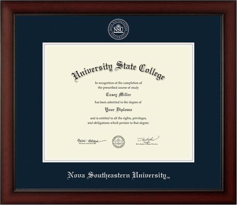 Nova Southeastern University 14" w x 11" h Diploma Frame - Fits a bachelor's, master's and phd - Silver Embossed Diploma Frame - Cherry Moulding with Navy and Silver Matting in Saudi Arabia