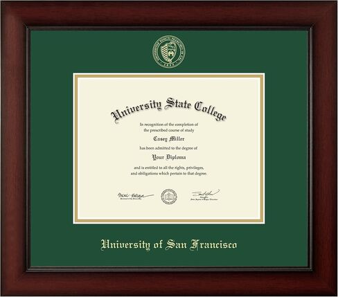 University of San Francisco 9" w x 7" h Diploma Frame - Fits a bachelor's - Gold Embossed Diploma Frame - Cherry Moulding with Tartan Green and Gold Matting - Officially Licensed in Saudi Arabia