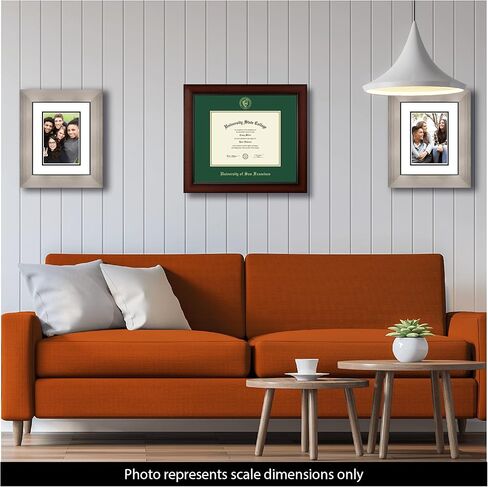 University of San Francisco 9" w x 7" h Diploma Frame - Fits a bachelor's - Gold Embossed Diploma Frame - Cherry Moulding with Tartan Green and Gold Matting - Officially Licensed in Saudi Arabia