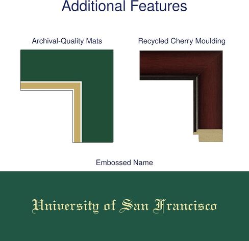 University of San Francisco 9" w x 7" h Diploma Frame - Fits a bachelor's - Gold Embossed Diploma Frame - Cherry Moulding with Tartan Green and Gold Matting - Officially Licensed in Saudi Arabia