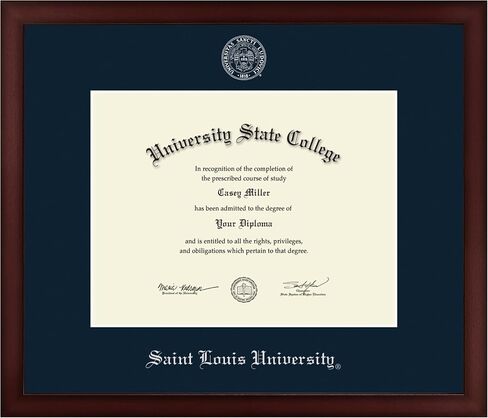 Saint Louis University 11" w x 8.5" h Diploma Frame - Fits a bachelor's, master's and phd - Silver Embossed Diploma Frame - Cherry Moulding with Navy Matting - Officially Licensed in Saudi Arabia