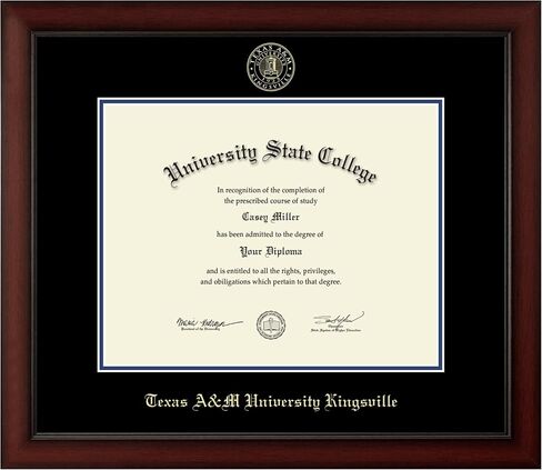 Texas A&M University Kingsville 14" w x 11" h Diploma Frame - Fits a bachelor's, master's and phd - Gold Embossed Diploma Frame - Cherry Moulding with Black and Royal Blue Matting in Saudi Arabia