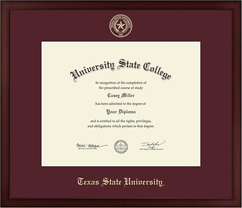 Texas State University 14" w x 11" h Diploma Frame - Fits a bachelor's, master's and phd - Gold Embossed Diploma Frame - Cherry Moulding with Maroon Matting - Officially Licensed in Saudi Arabia