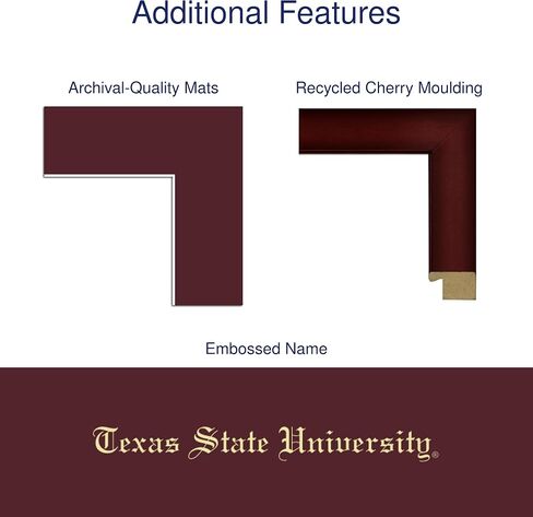 Texas State University 14" w x 11" h Diploma Frame - Fits a bachelor's, master's and phd - Gold Embossed Diploma Frame - Cherry Moulding with Maroon Matting - Officially Licensed in Saudi Arabia