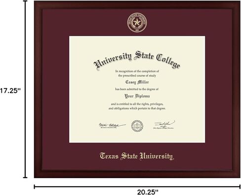 Texas State University 14" w x 11" h Diploma Frame - Fits a bachelor's, master's and phd - Gold Embossed Diploma Frame - Cherry Moulding with Maroon Matting - Officially Licensed in Saudi Arabia