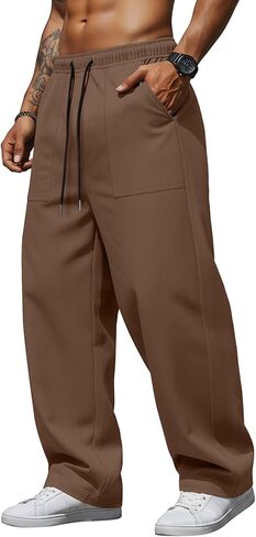 Men Baggy Sweatpants Twill Cotton Wide Leg Chino Pants Loose Fit Fashion Casual Uncuffed Pant with Pockets in Kuwait