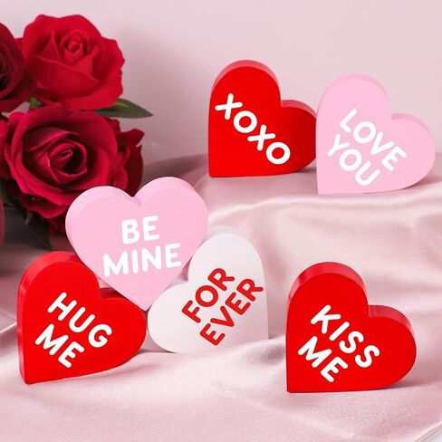 Valentines Day Decorations, 6 Pcs Valentines Day Heart Wooden Signs Decor for Tiered Tray, Happy Conversation Heart Shaped Sign Tabletop Wooden Centerpiece for Anniversary Wedding Home Party Supplies in Saudi Arabia