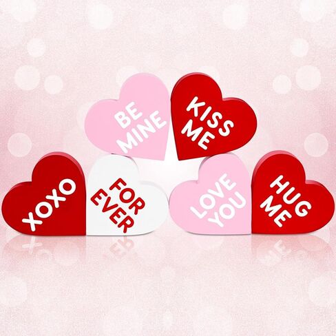 Valentines Day Decorations, 6 Pcs Valentines Day Heart Wooden Signs Decor for Tiered Tray, Happy Conversation Heart Shaped Sign Tabletop Wooden Centerpiece for Anniversary Wedding Home Party Supplies in Saudi Arabia