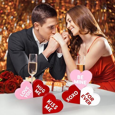 Valentines Day Decorations, 6 Pcs Valentines Day Heart Wooden Signs Decor for Tiered Tray, Happy Conversation Heart Shaped Sign Tabletop Wooden Centerpiece for Anniversary Wedding Home Party Supplies in Saudi Arabia