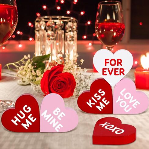 Valentines Day Decorations, 6 Pcs Valentines Day Heart Wooden Signs Decor for Tiered Tray, Happy Conversation Heart Shaped Sign Tabletop Wooden Centerpiece for Anniversary Wedding Home Party Supplies in Saudi Arabia
