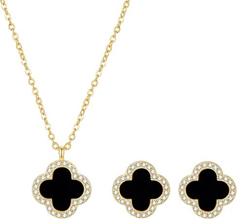 COBI Four Leaf Clover Necklace and Stud Earrings Jewelry Set White Black Green, 18k Gold Plated Clover Earrings Pendant Necklace, Clover Jewelry Set Gifts for Women in Saudi Arabia