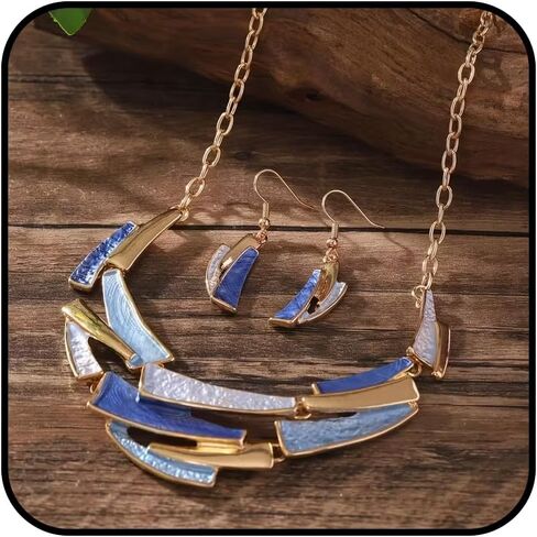 Boho Geometric Statement Jewelry Set for Women, Blue Enamel Chunky Gold Necklace Earrings Retro Vintage Layered Chunky Collar Fashion Jewelry Gifts in Saudi Arabia