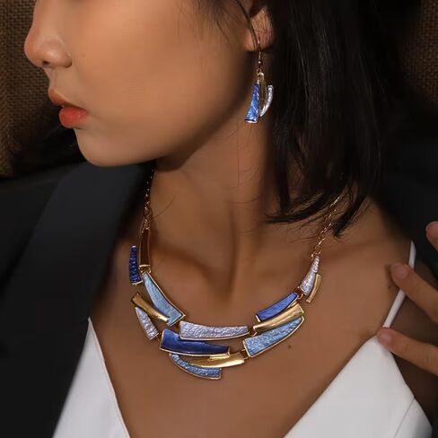 Boho Geometric Statement Jewelry Set for Women, Blue Enamel Chunky Gold Necklace Earrings Retro Vintage Layered Chunky Collar Fashion Jewelry Gifts in Saudi Arabia