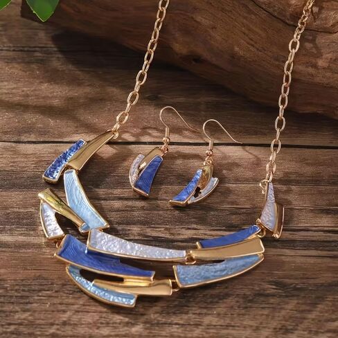Boho Geometric Statement Jewelry Set for Women, Blue Enamel Chunky Gold Necklace Earrings Retro Vintage Layered Chunky Collar Fashion Jewelry Gifts in Saudi Arabia