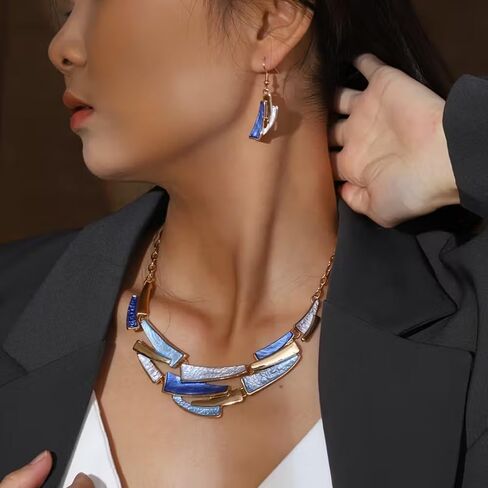 Boho Geometric Statement Jewelry Set for Women, Blue Enamel Chunky Gold Necklace Earrings Retro Vintage Layered Chunky Collar Fashion Jewelry Gifts in Saudi Arabia
