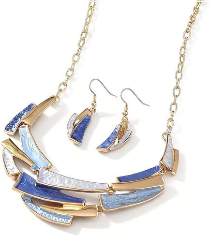 Boho Geometric Statement Jewelry Set for Women, Blue Enamel Chunky Gold Necklace Earrings Retro Vintage Layered Chunky Collar Fashion Jewelry Gifts in Saudi Arabia