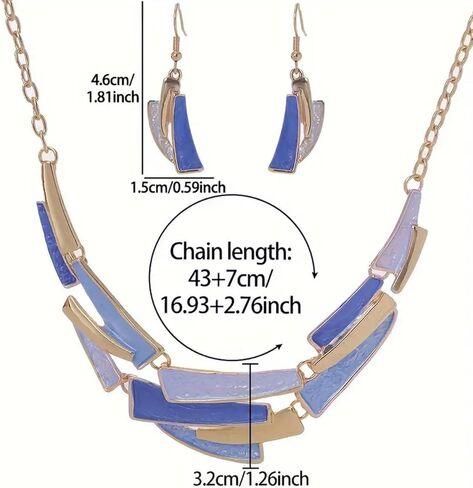 Boho Geometric Statement Jewelry Set for Women, Blue Enamel Chunky Gold Necklace Earrings Retro Vintage Layered Chunky Collar Fashion Jewelry Gifts in Saudi Arabia
