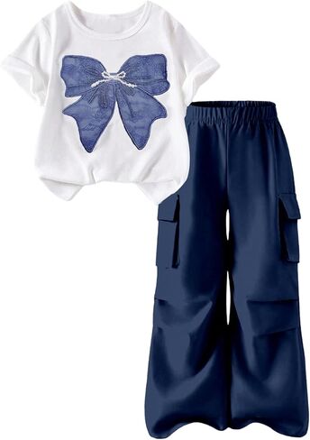 MakeMeChic Girl's 2 Piece Fall Outfits Sequin Bow Knot Crew Neck Short Sleeve Tee and Cargo Pants Clothing Sets in Saudi Arabia