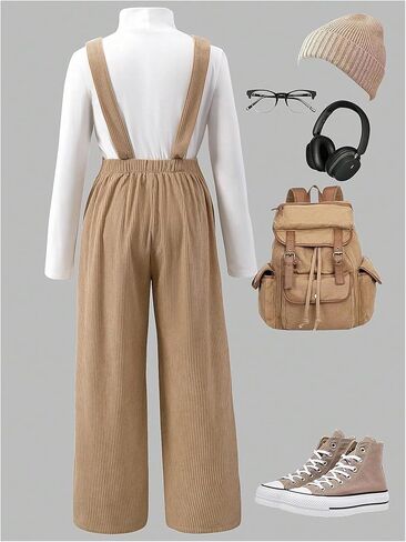 MakeMeChic Girl's 2 Piece Outfits High Neck Long Sleeve Tee and Wide Leg Corduroy Overalls Sets in Saudi Arabia