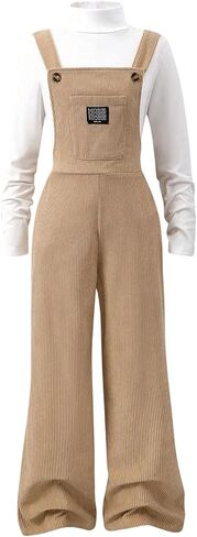 MakeMeChic Girl's 2 Piece Outfits High Neck Long Sleeve Tee and Wide Leg Corduroy Overalls Sets in Saudi Arabia