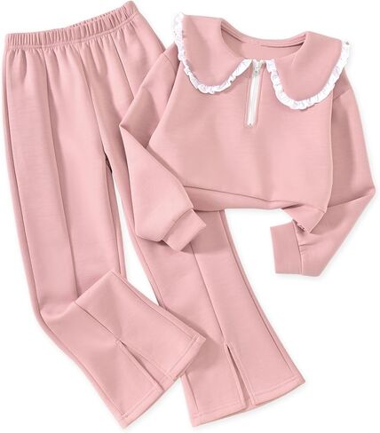 HIHA Girls Doll Collar Half Zip Sweatshirt Flare Pant Set for 6-12 Years in Kuwait
