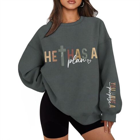 He Has A Plan You Have A Purpose Christian Sweatshirts for Women Inspirational Print Crewneck Oversized Sweatshirt in Kuwait