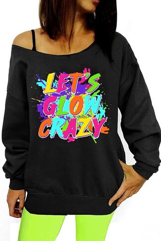 80s Outfit for Women Let's Glow Crazy Shirt Off The Shoulder Sweatshirt Vintage Neon Disco Party Pullover in Kuwait