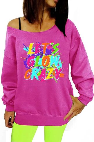 80s Outfit for Women Let's Glow Crazy Shirt Off The Shoulder Sweatshirt Vintage Neon Disco Party Pullover in Saudi Arabia