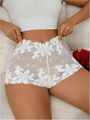 SHENHE Women's Lace Boyshorts Panty Sheer Mesh Cheeky Underwear Mid Rise Panty in Saudi Arabia