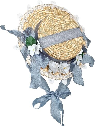 Victorian Tea Party Sun Hat for Girls Women, Vintage Lolita Florals Bows Flat Straw Hat Lace Wide Brim Bonnet Cap in Saudi Arabia