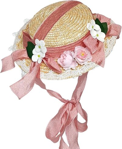 Victorian Tea Party Sun Hat for Girls Women, Vintage Lolita Florals Bows Flat Straw Hat Lace Wide Brim Bonnet Cap in Saudi Arabia