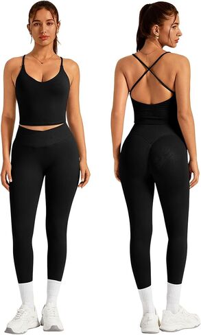 ABOCIW Womens Workout Sets 2 Piece Seamless Strappy Tank Top Crossover Waist Leggings Gym Sets Active Wear in Saudi Arabia