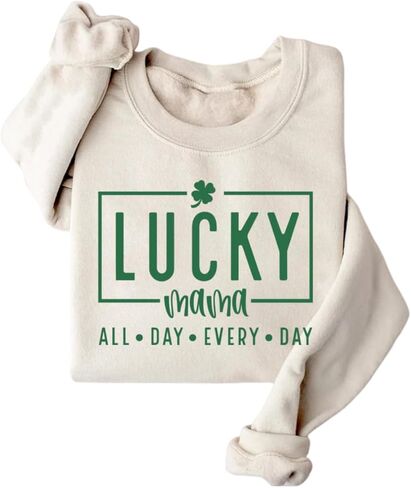 سويت شيرت نسائي من St Patricks Day بأكمام طويلة مطبوع عليه Lucky Mama بأكمام طويلة، بلوفر بلوفر لعيد القديس باتريك in Saudi Arabia