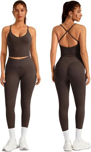 ABOCIW Womens Workout Sets 2 Piece Seamless Strappy Tank Top Crossover Waist Leggings Gym Sets Active Wear in Saudi Arabia