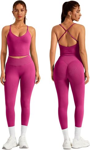 ABOCIW Womens Workout Sets 2 Piece Seamless Strappy Tank Top Crossover Waist Leggings Gym Sets Active Wear in Saudi Arabia