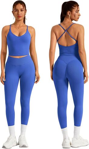 ABOCIW Womens Workout Sets 2 Piece Seamless Strappy Tank Top Crossover Waist Leggings Gym Sets Active Wear in Saudi Arabia