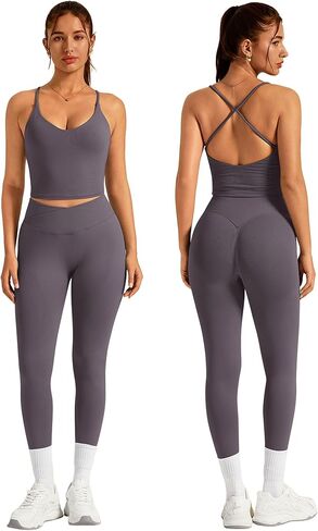 ABOCIW Womens Workout Sets 2 Piece Seamless Strappy Tank Top Crossover Waist Leggings Gym Sets Active Wear in Saudi Arabia