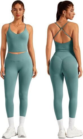 ABOCIW Womens Workout Sets 2 Piece Seamless Strappy Tank Top Crossover Waist Leggings Gym Sets Active Wear in Saudi Arabia