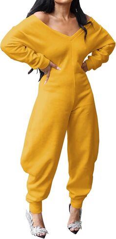 NRTHYE Women's Casual One Piece Jumpsuits Sexy V Neck Off Shoulder Long Sleeve Wide Leg Club Sweatsuit Outfits Rompers in Saudi Arabia