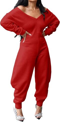 NRTHYE Women's Casual One Piece Jumpsuits Sexy V Neck Off Shoulder Long Sleeve Wide Leg Club Sweatsuit Outfits Rompers in Saudi Arabia