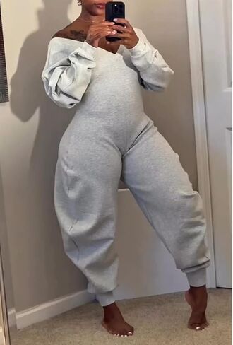 NRTHYE Women's Casual One Piece Jumpsuits Sexy V Neck Off Shoulder Long Sleeve Wide Leg Club Sweatsuit Outfits Rompers in Saudi Arabia