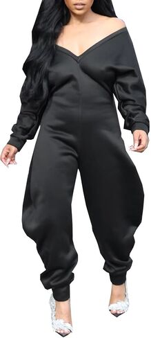 NRTHYE Women's Casual One Piece Jumpsuits Sexy V Neck Off Shoulder Long Sleeve Wide Leg Club Sweatsuit Outfits Rompers in Saudi Arabia