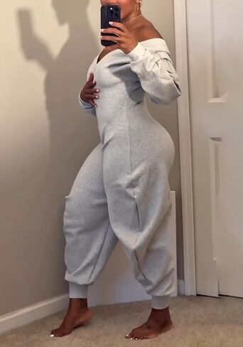 NRTHYE Women's Casual One Piece Jumpsuits Sexy V Neck Off Shoulder Long Sleeve Wide Leg Club Sweatsuit Outfits Rompers in Saudi Arabia