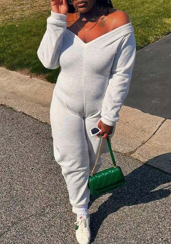NRTHYE Women's Casual One Piece Jumpsuits Sexy V Neck Off Shoulder Long Sleeve Wide Leg Club Sweatsuit Outfits Rompers in Saudi Arabia
